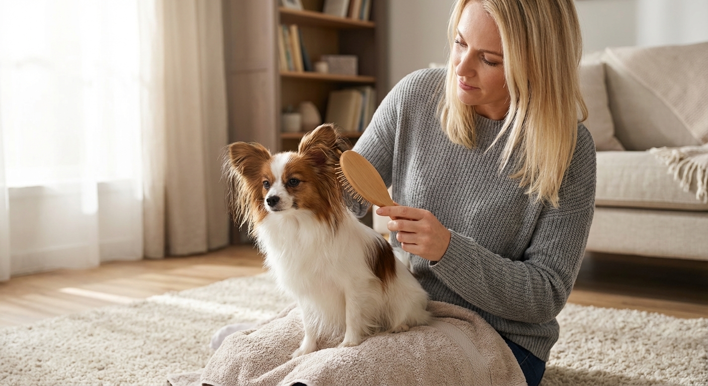 A Papillon being gently brushed at home with a pin brush while sitting calmly on a towel, realistic indoor photography