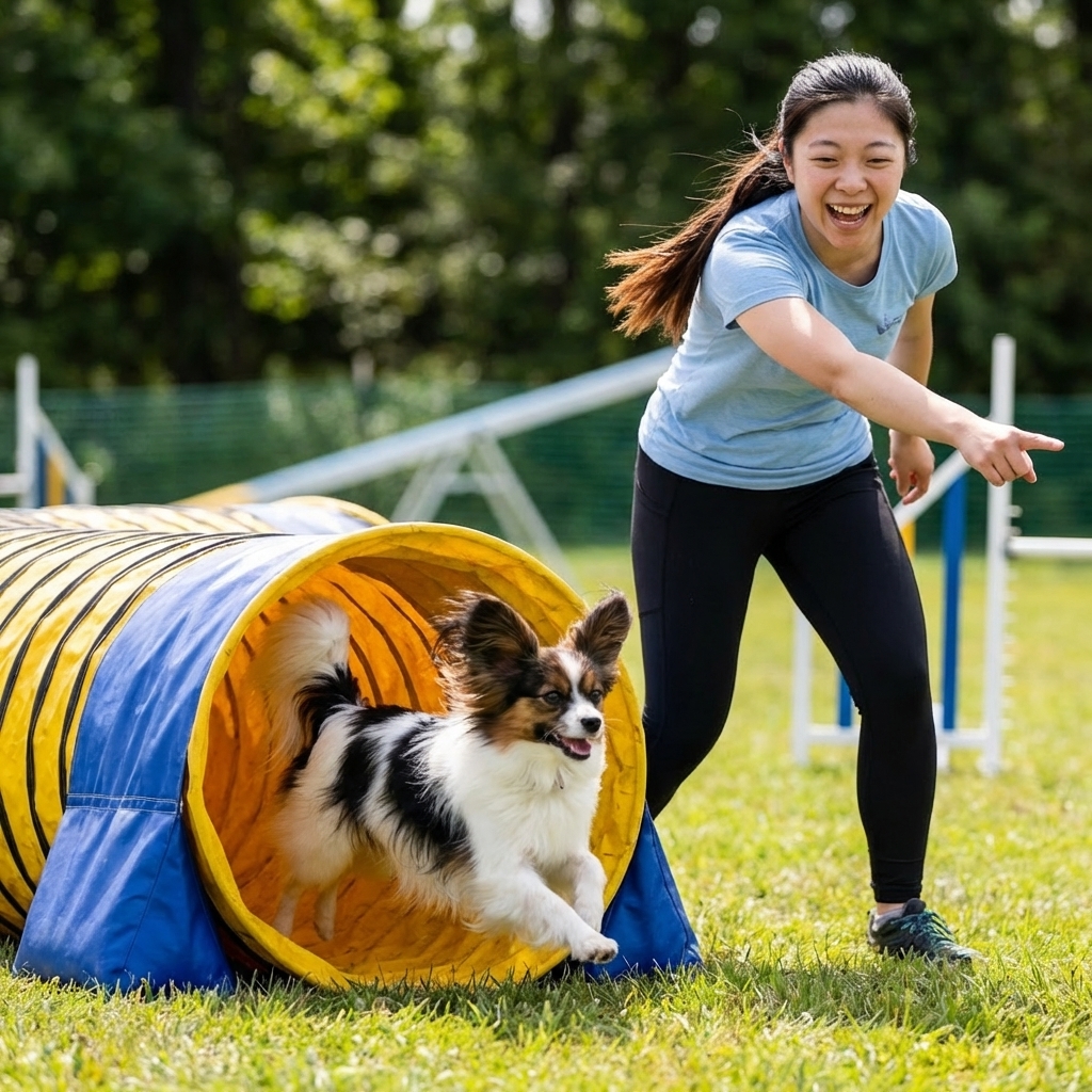 A Papillon running through an agility tunnel on a grassy outdoor training field, realistic sports photography