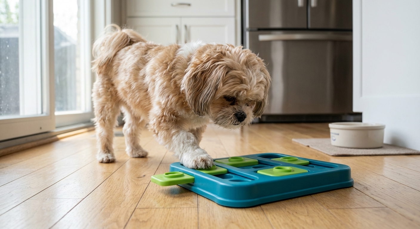 A Peekapoo using a puzzle feeder toy on a kitchen floor, focused expression, natural window light, realistic photography