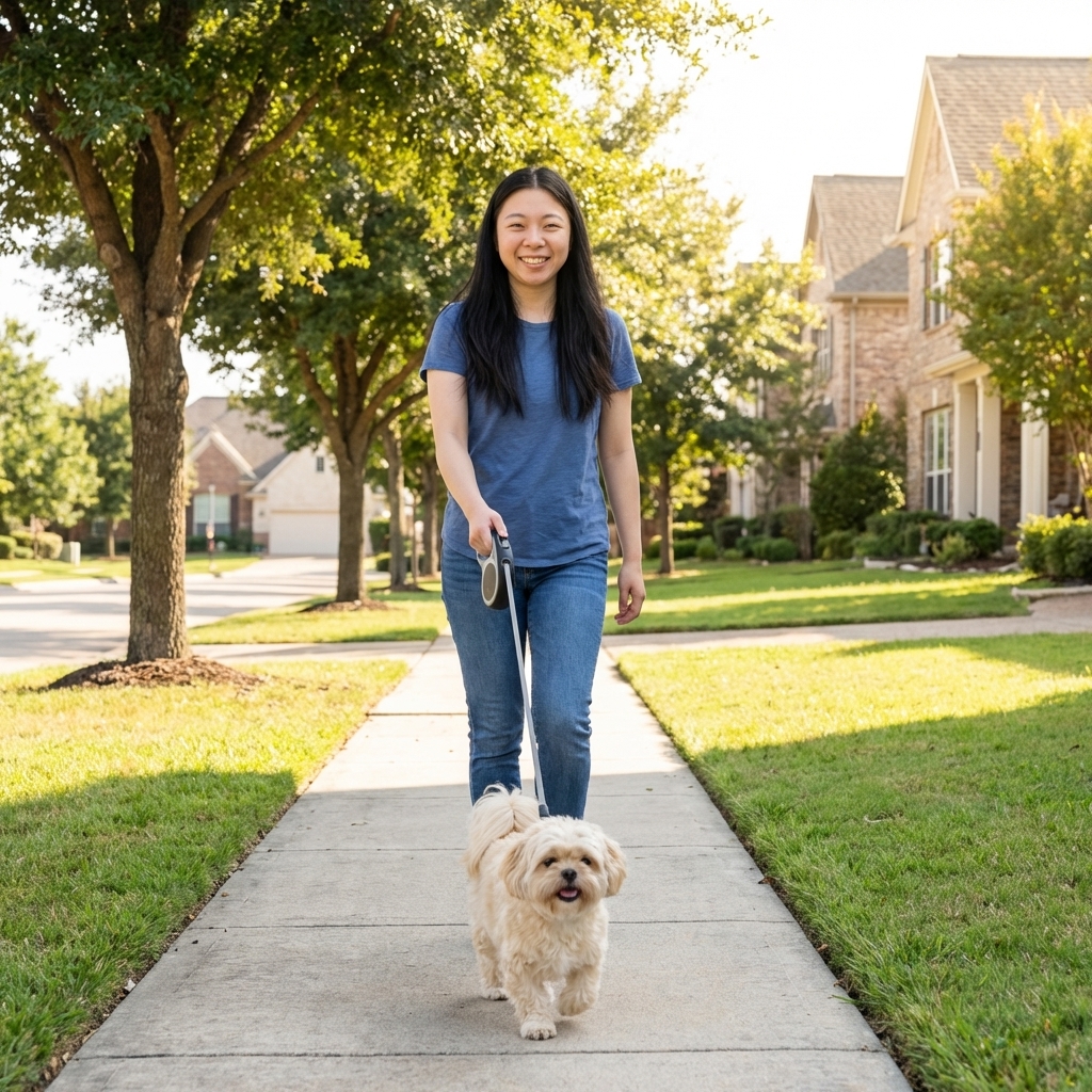 A Peekapoo walking on a neighborhood sidewalk on a leash, small dog with a wavy cream coat and a slightly short muzzle, sunny afternoon, realistic photography