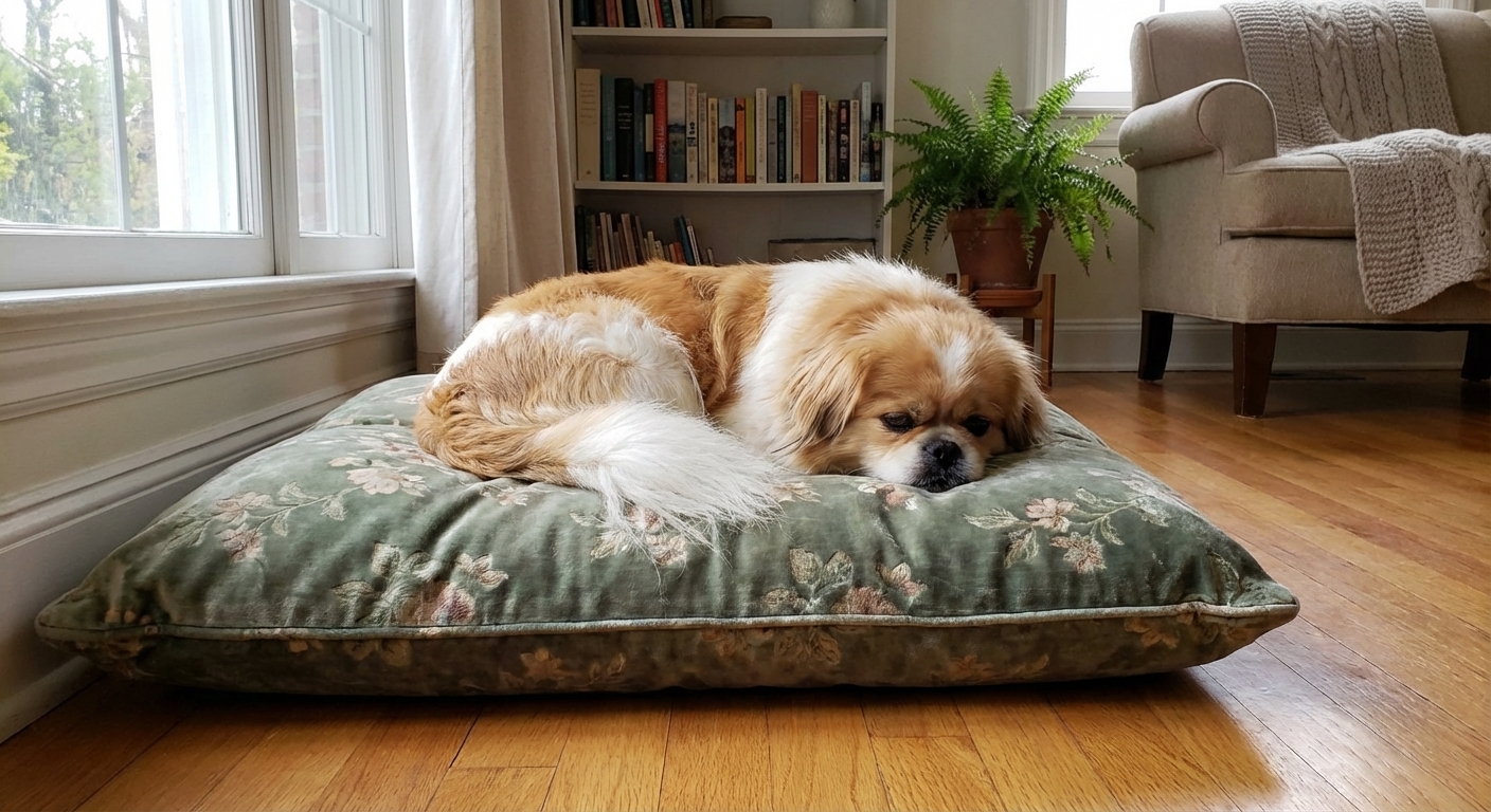 A Pekingese resting calmly on a cushion in a quiet home