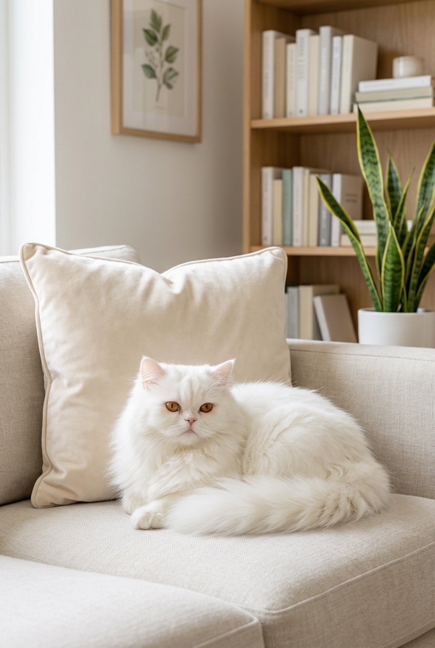 A Persian cat resting on a cushion in a tidy apartment