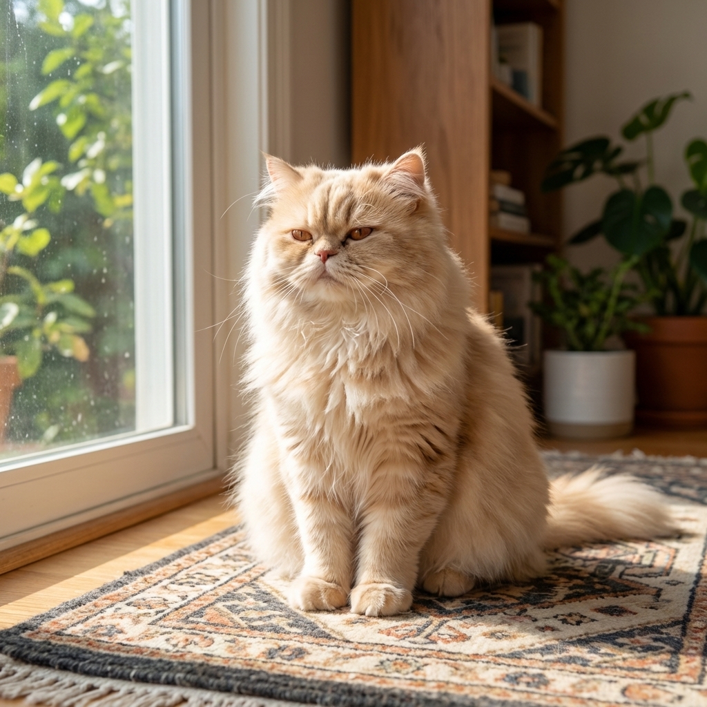 A Persian cat sitting upright on a rug near a sunlit window, breathing calmly