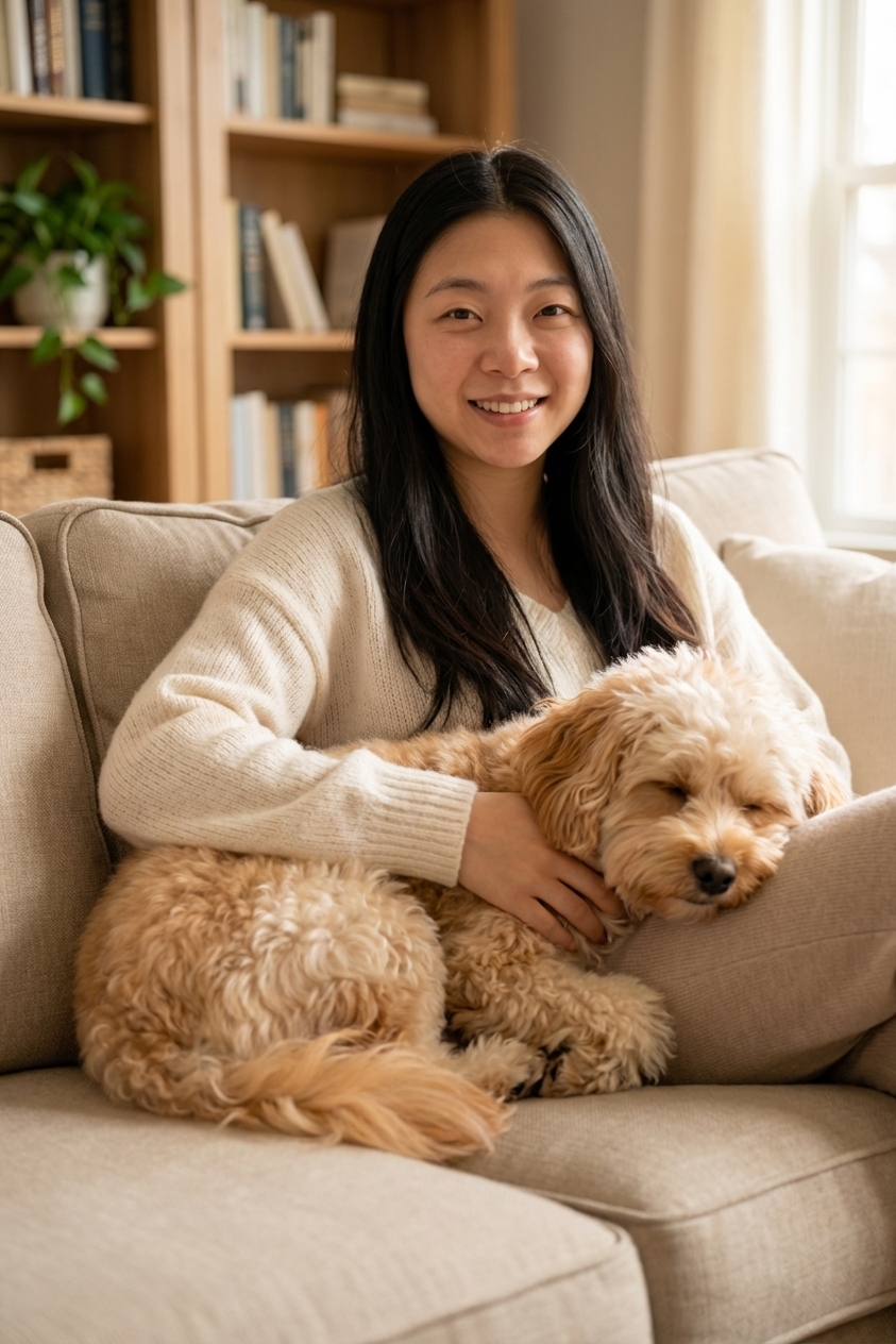 A Pomapoo curled up next to an owner on a couch, relaxed and affectionate, soft indoor lighting, photorealistic