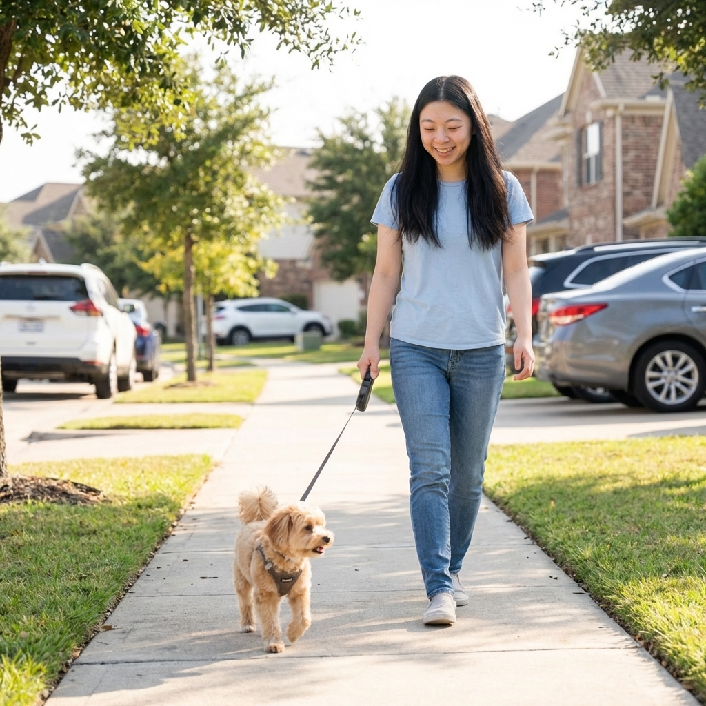 A Pomapoo wearing a harness on a neighborhood sidewalk during a calm leash walk, natural daylight, photorealistic