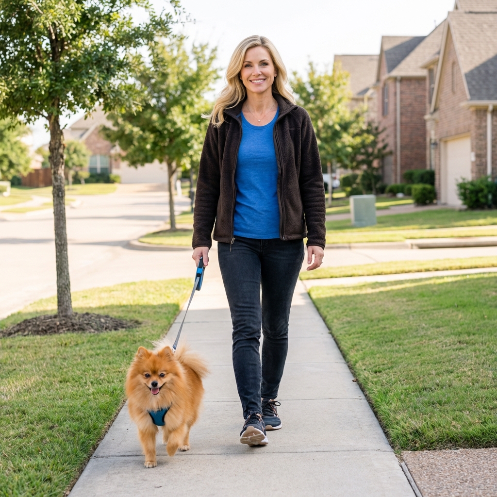 A Pomeranian wearing a harness walking on a sidewalk beside its owner
