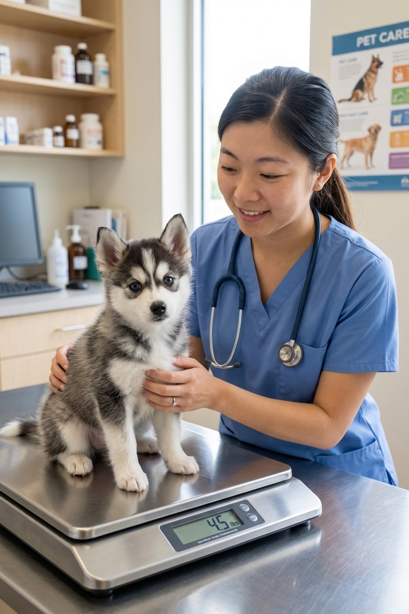 A Pomsky puppy being weighed on a veterinary scale in a clinic