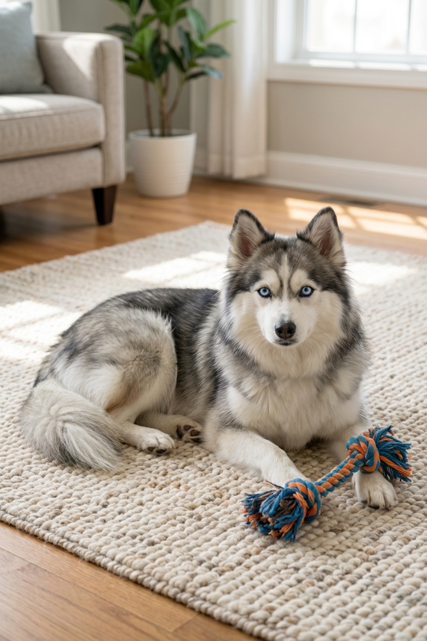 A Pomsky resting calmly on a living room rug beside a chew toy