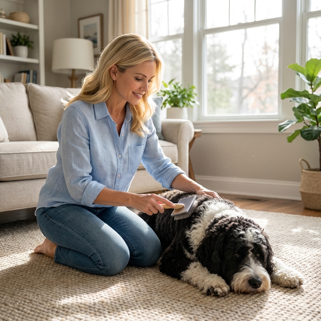 A Portuguese Water Dog lying calmly on a rug while an owner gently brushes its curly coat with a slicker brush in a bright living room