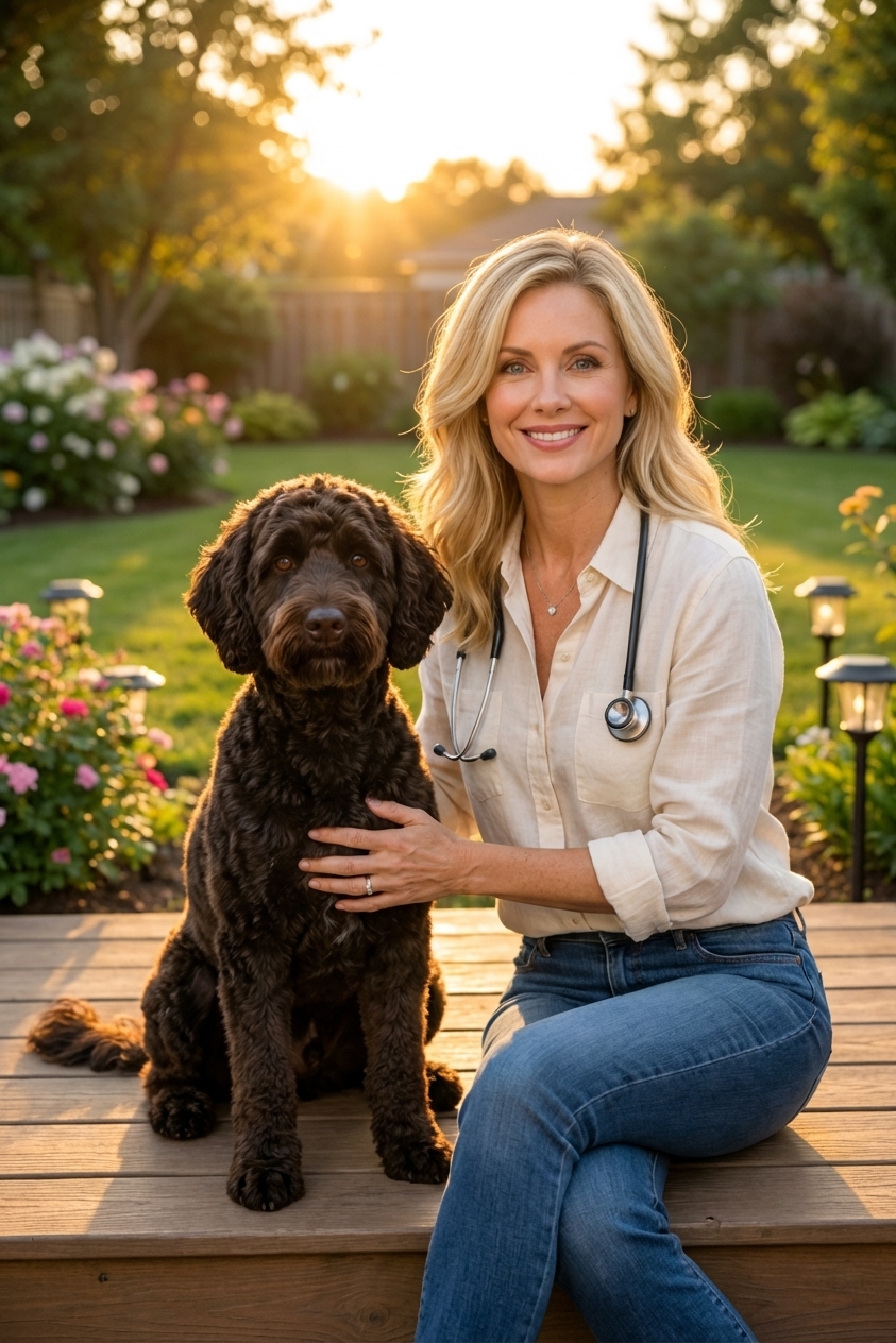 A Portuguese Water Dog sitting calmly beside an adult owner in a backyard at sunset, curly coat neatly trimmed, warm natural light