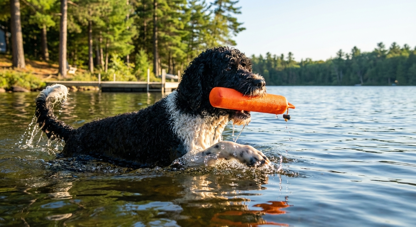 A Portuguese Water Dog swimming in a calm lake while carrying a floating toy in its mouth, action photo in natural daylight