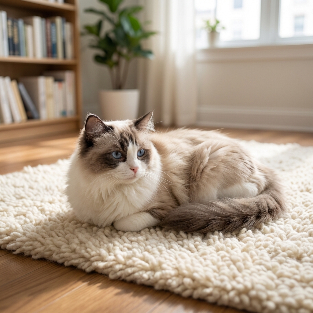 A Ragdoll cat resting on a soft rug in an apartment