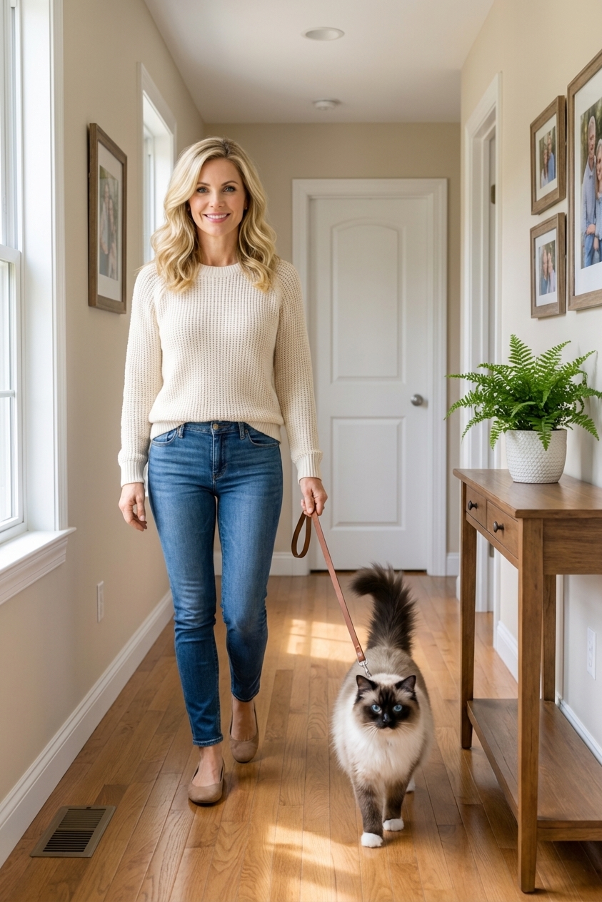 A Ragdoll cat walking beside an owner down a hallway in a home