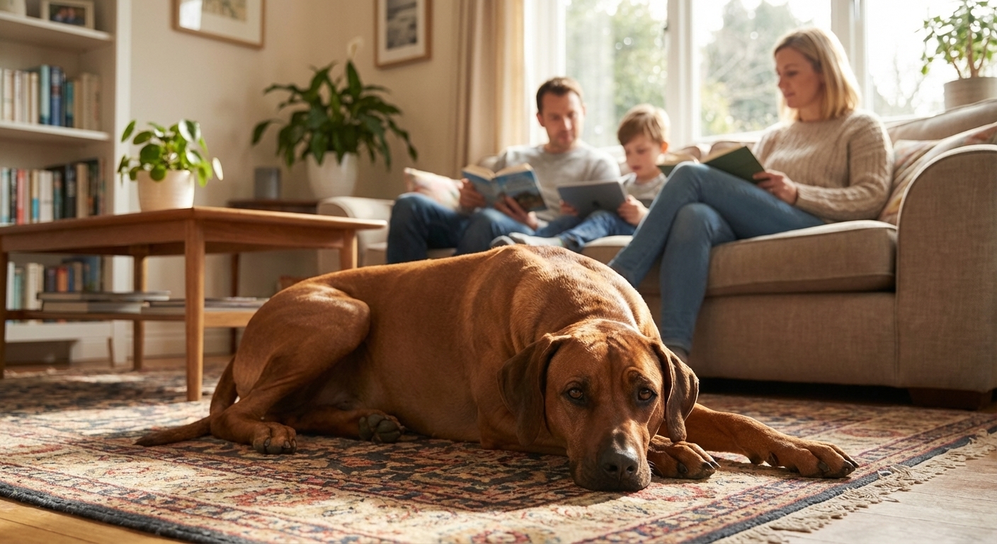 A Rhodesian Ridgeback lying calmly on a living room rug while a family relaxes in the background
