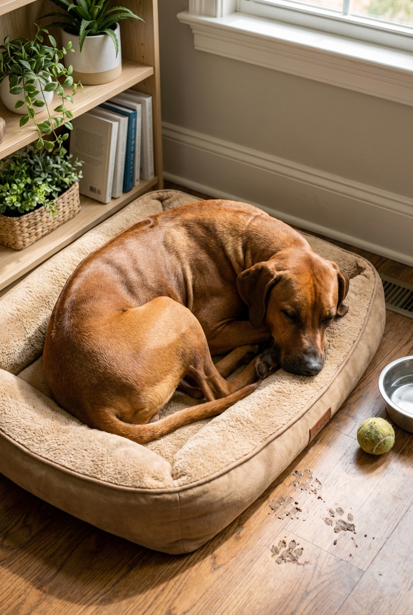 A Rhodesian Ridgeback resting on a dog bed at home after a walk
