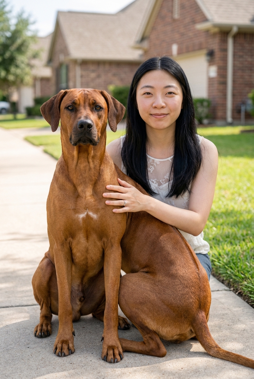 A Rhodesian Ridgeback sitting calmly beside an owner on a neighborhood sidewalk