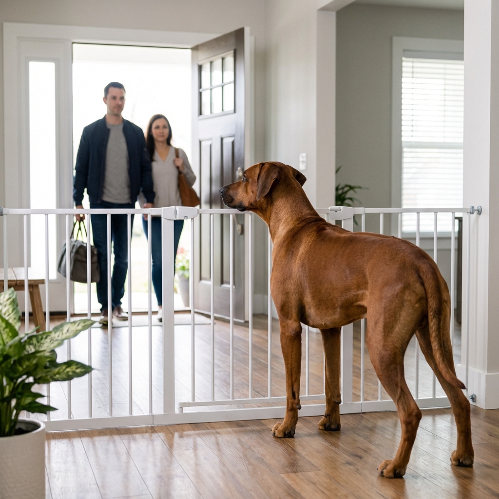 A Rhodesian Ridgeback standing behind a baby gate while watching visitors enter a home