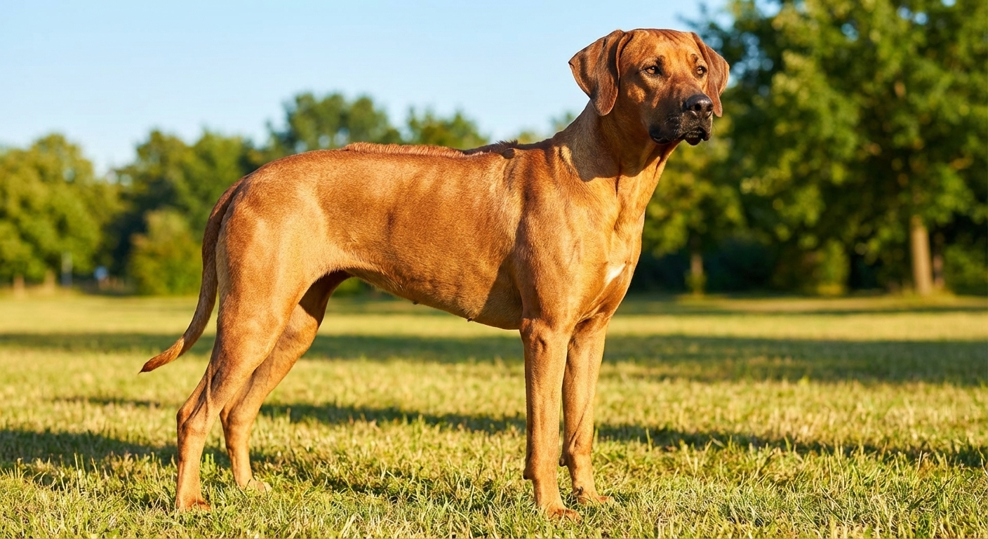 A Rhodesian Ridgeback standing outdoors on a sunny day with the ridge along its back clearly visible