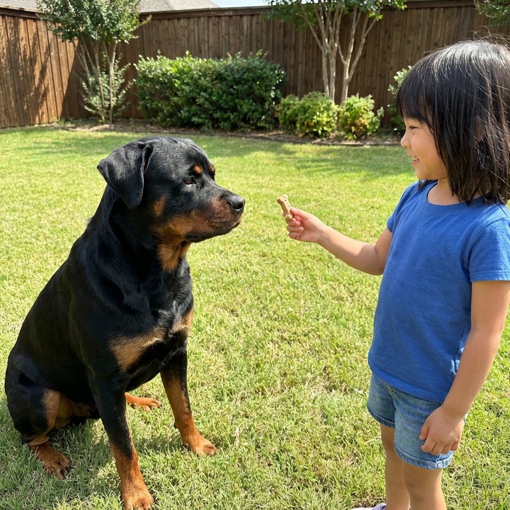 A Rottweiler calmly sitting next to a child holding a treat in a backyard