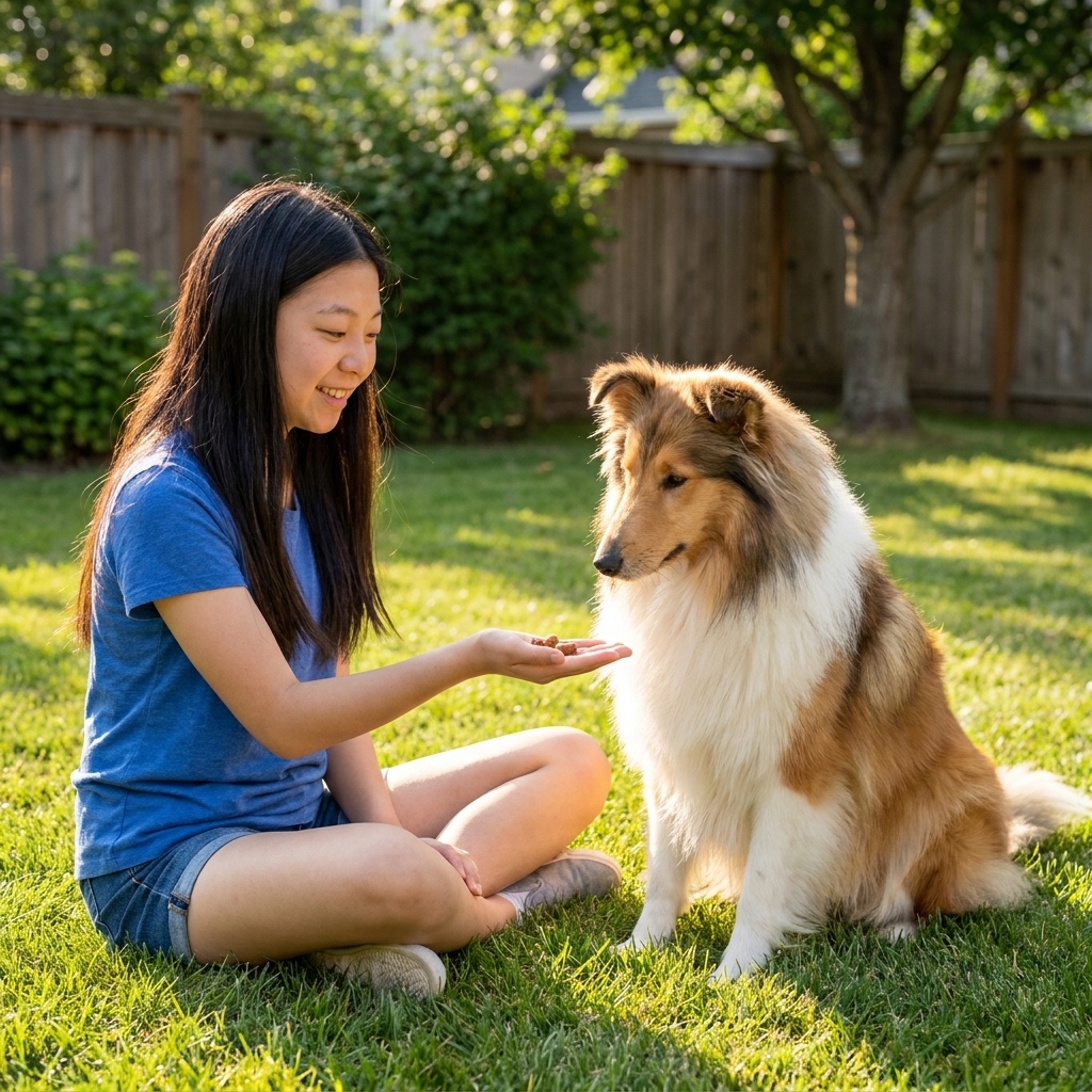 A Rough Collie sitting calmly beside a school-aged child in a grassy backyard while the child offers a treat with an open palm, realistic outdoor photography