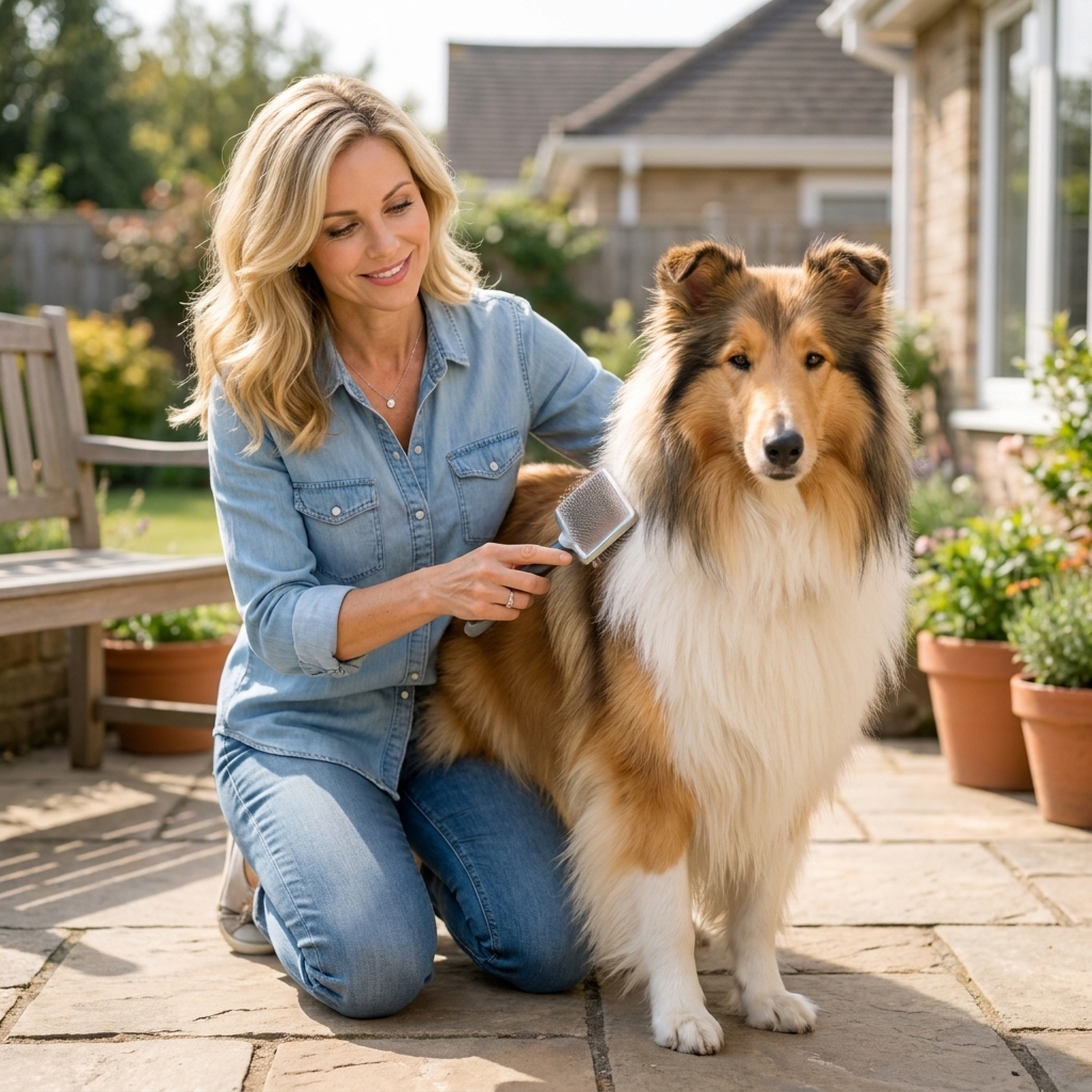 A Rough Collie standing calmly while a person gently brushes the thick coat with a slicker brush on a patio in natural daylight, realistic photography