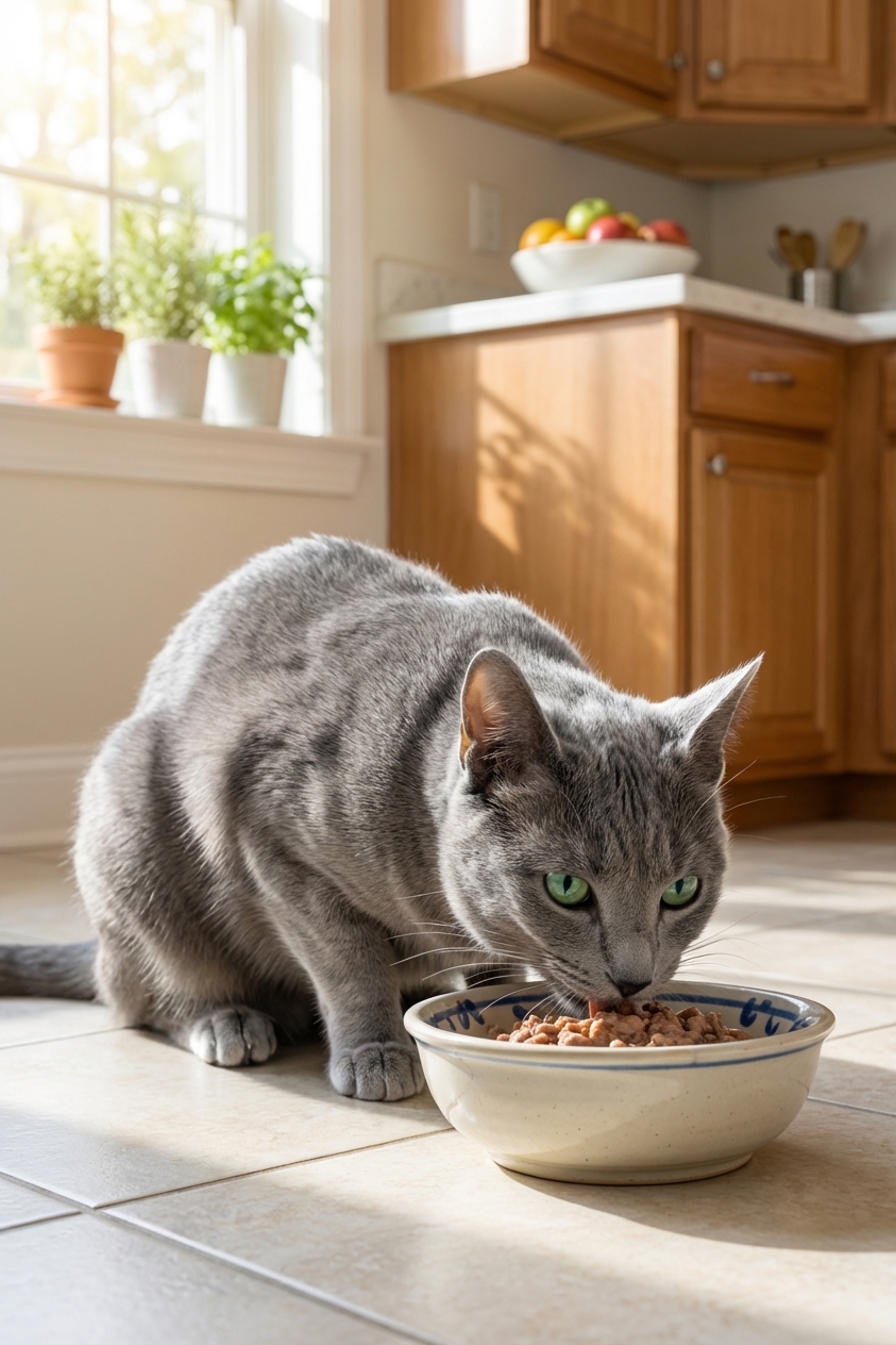 A Russian Blue cat eating from a ceramic bowl in a bright kitchen