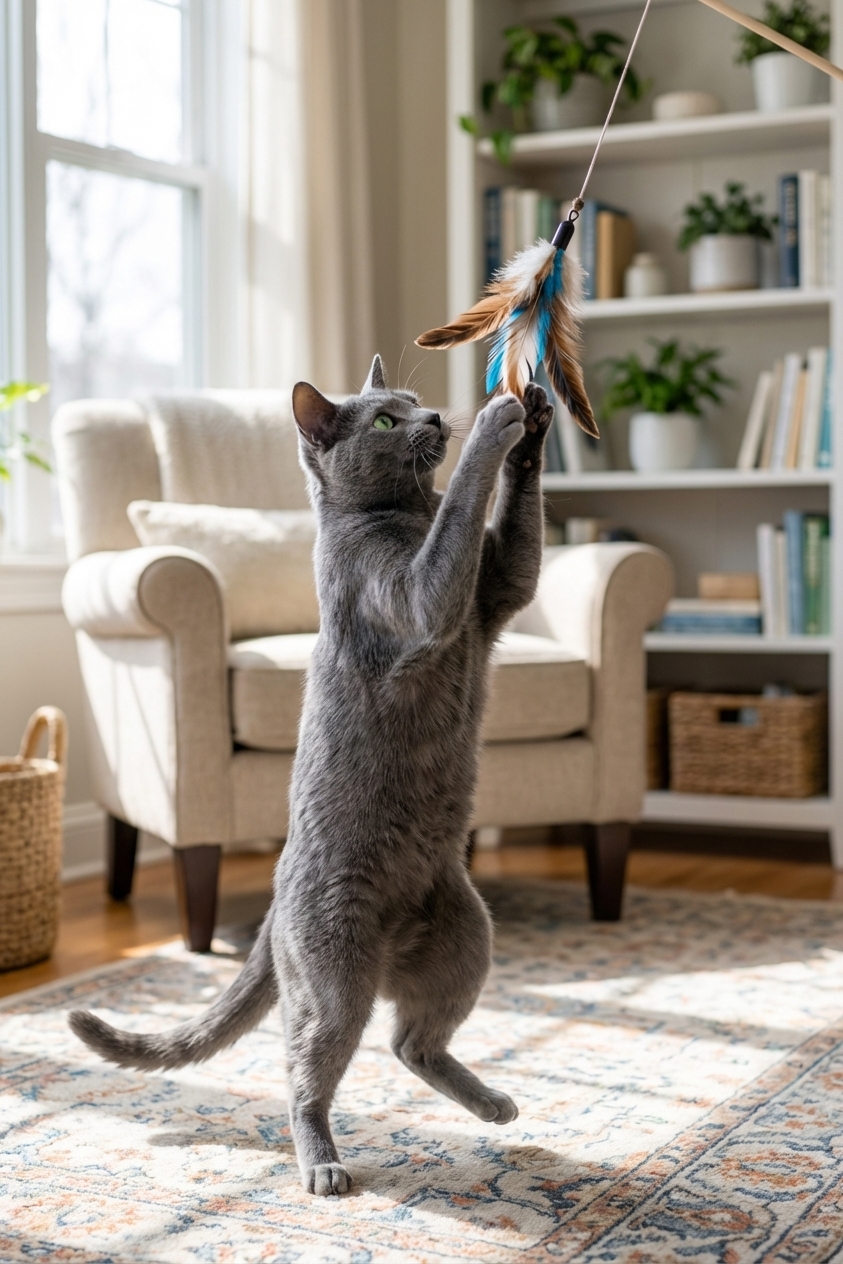 A Russian Blue cat reaching for a feather wand toy during gentle indoor play
