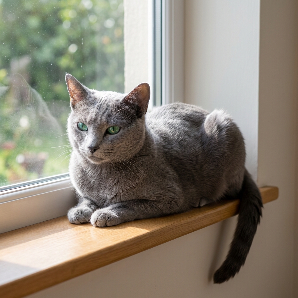 A Russian Blue cat resting on a windowsill in soft natural light