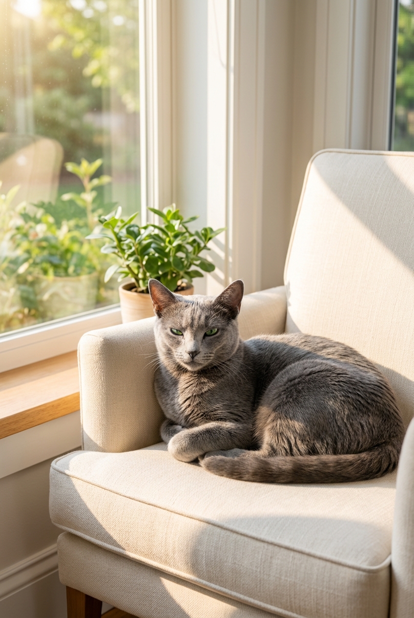 A Russian Blue cat resting peacefully on a chair near a sunny window