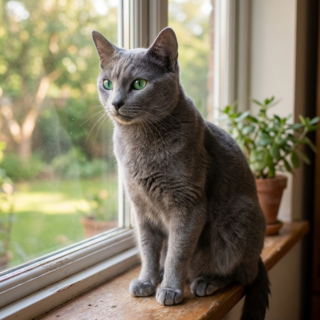 A Russian Blue cat sitting beside a window with soft daylight