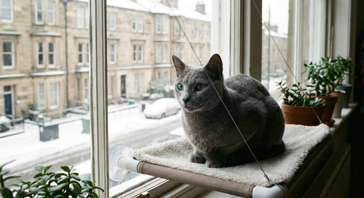 A Russian Blue cat sitting calmly on a window perch