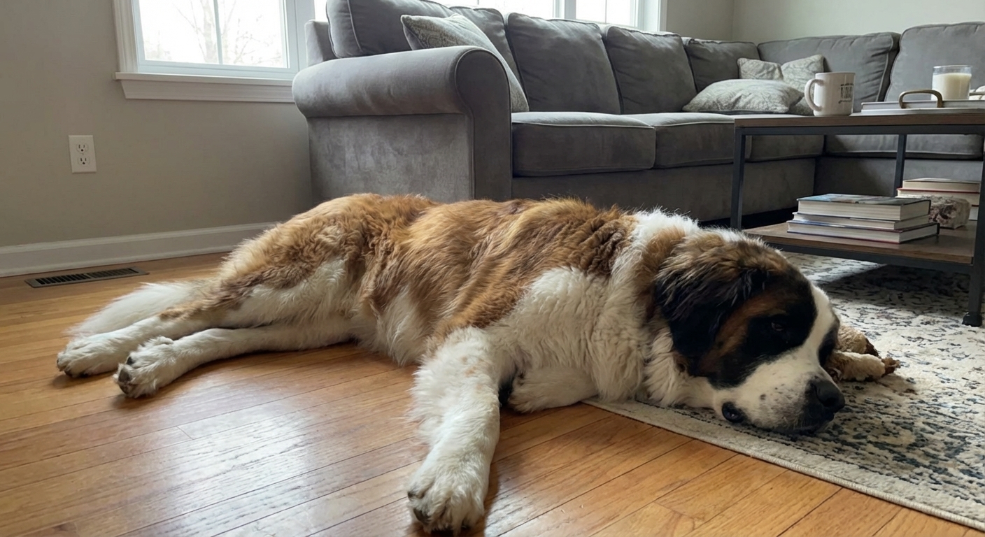 A Saint Berdoodle lying stretched out on a living room floor near a sofa, photorealistic indoor lighting, showing the dog taking up significant space