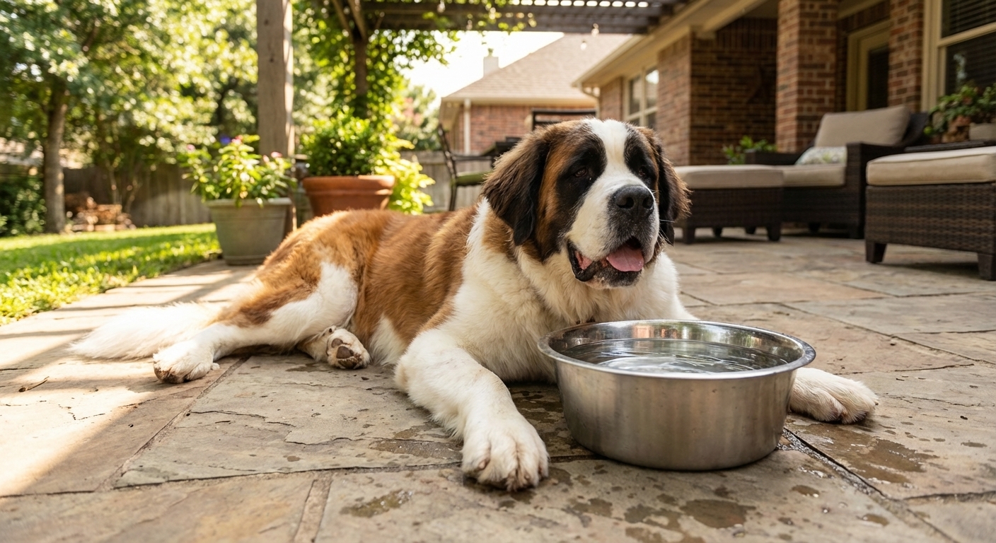 A Saint Bernard lying in the shade on a patio next to a large water bowl on a warm day, realistic pet photo