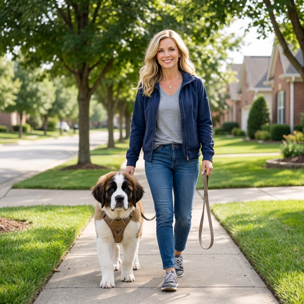 A Saint Bernard puppy wearing a harness while practicing loose leash walking on a quiet neighborhood sidewalk, real-life pet photo