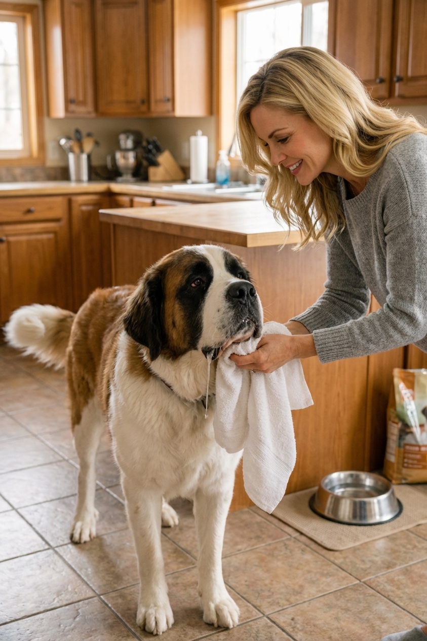 A Saint Bernard standing calmly while an owner gently wipes drool from its jowls with a soft towel in a kitchen, candid photo