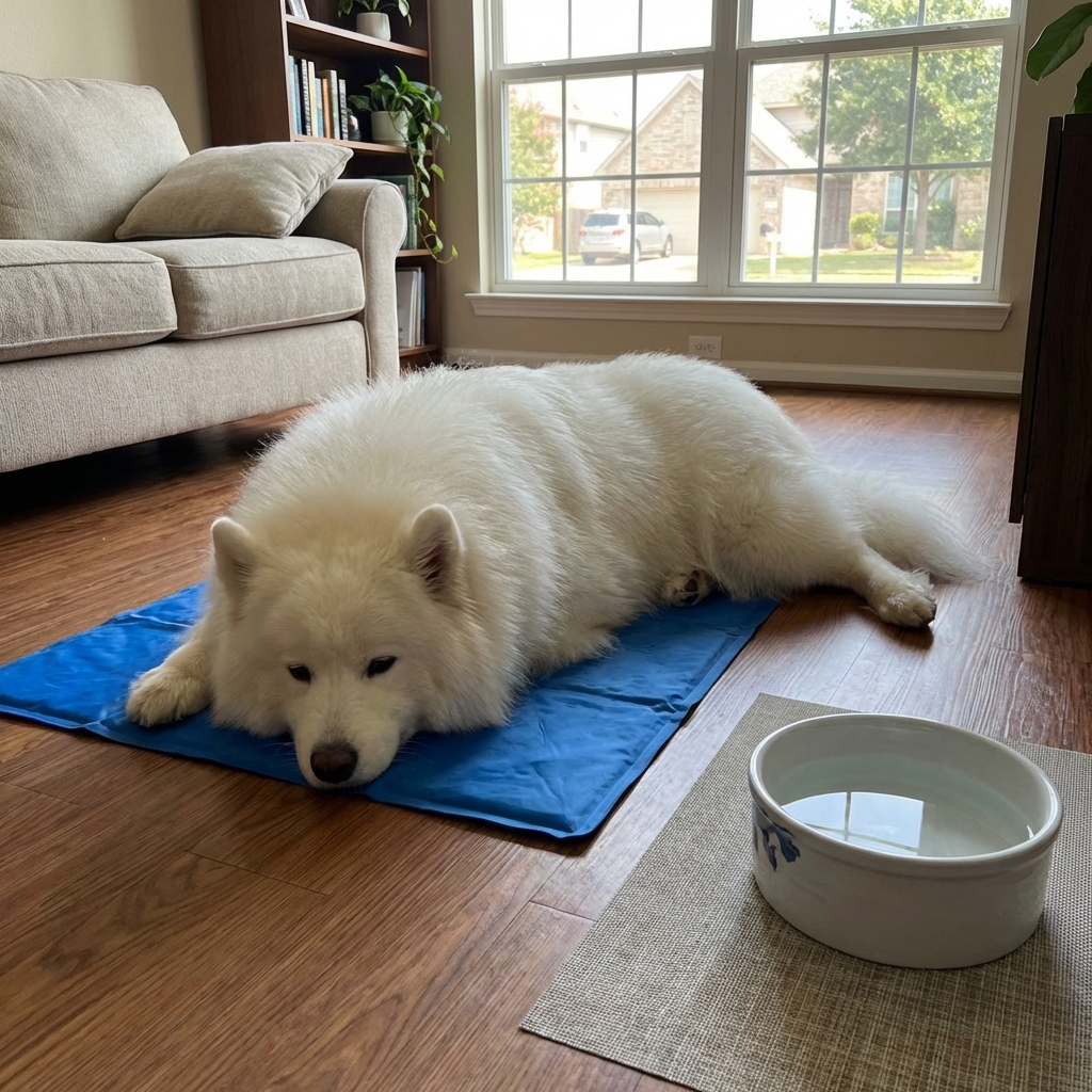 A Samoyed lying comfortably on a cooling mat in a living room with a nearby water bowl, real photography style