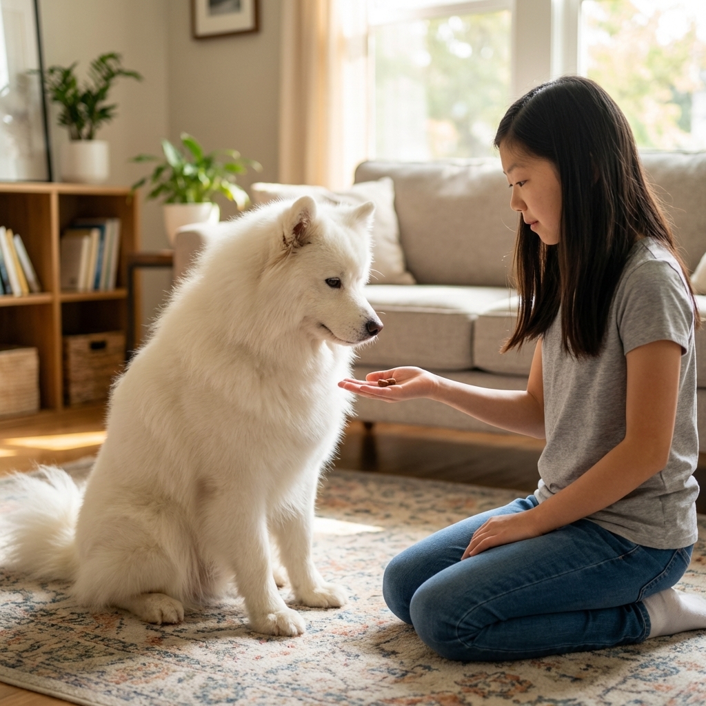 A Samoyed sitting calmly while a school-age child offers a treat with an open palm in a living room, real photography style