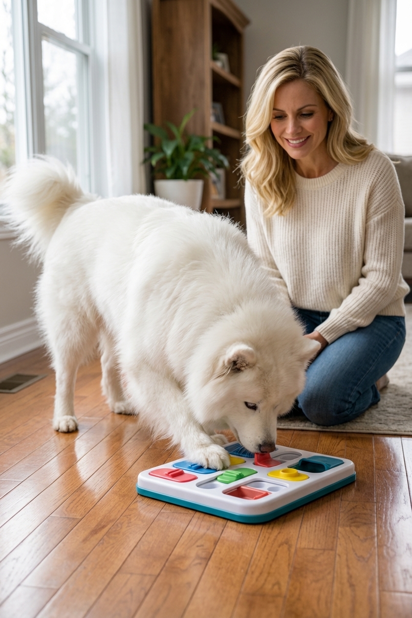 A Samoyed using a puzzle feeder toy on a hardwood floor while an owner watches nearby, real photography style