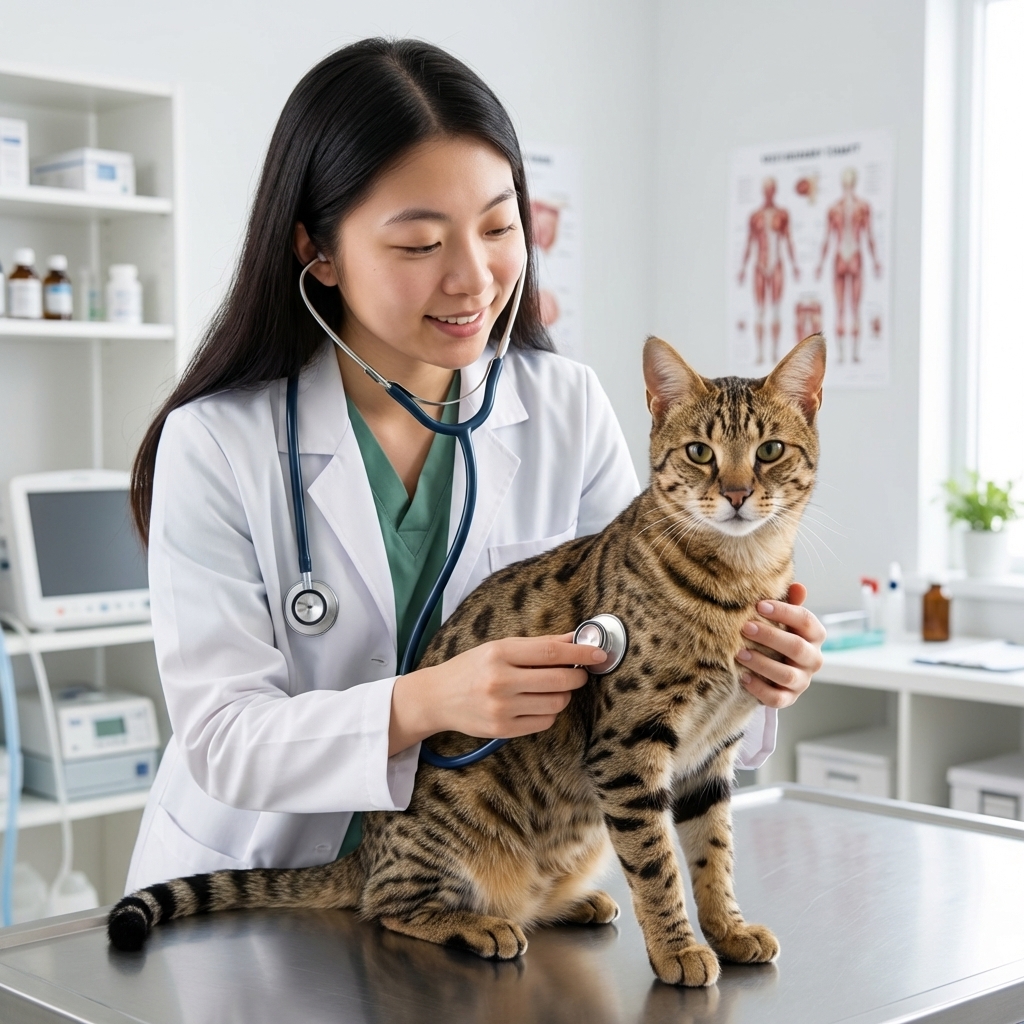 A Savannah cat calmly sitting on a veterinary exam table while a veterinarian listens with a stethoscope