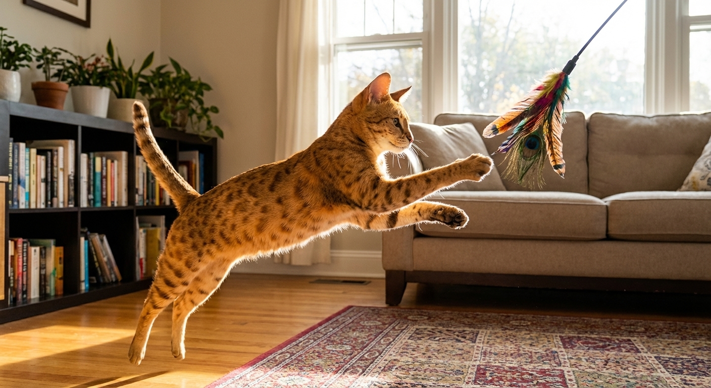 A Savannah cat leaping midair to catch a feather toy in a living room