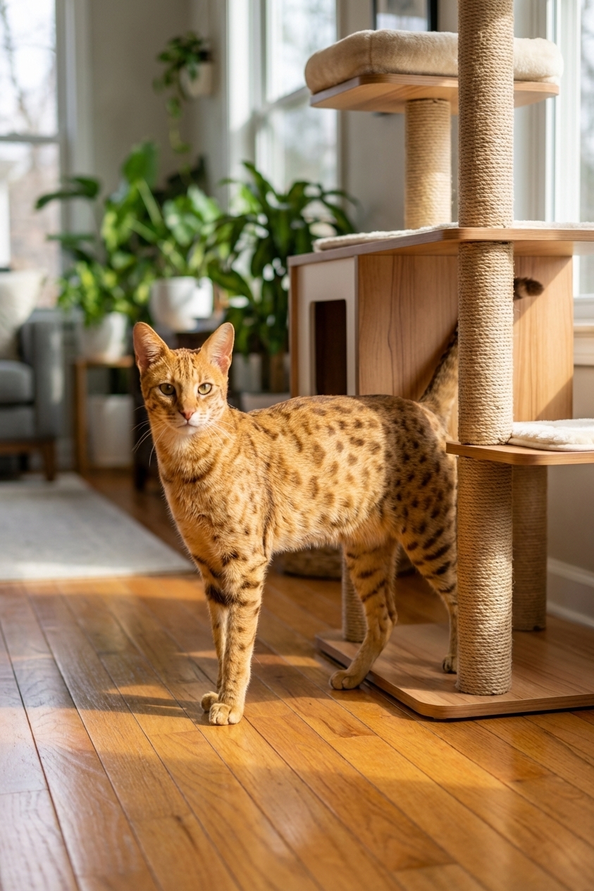 A Savannah cat standing on a hardwood floor next to a cat tree, showing long legs and athletic build