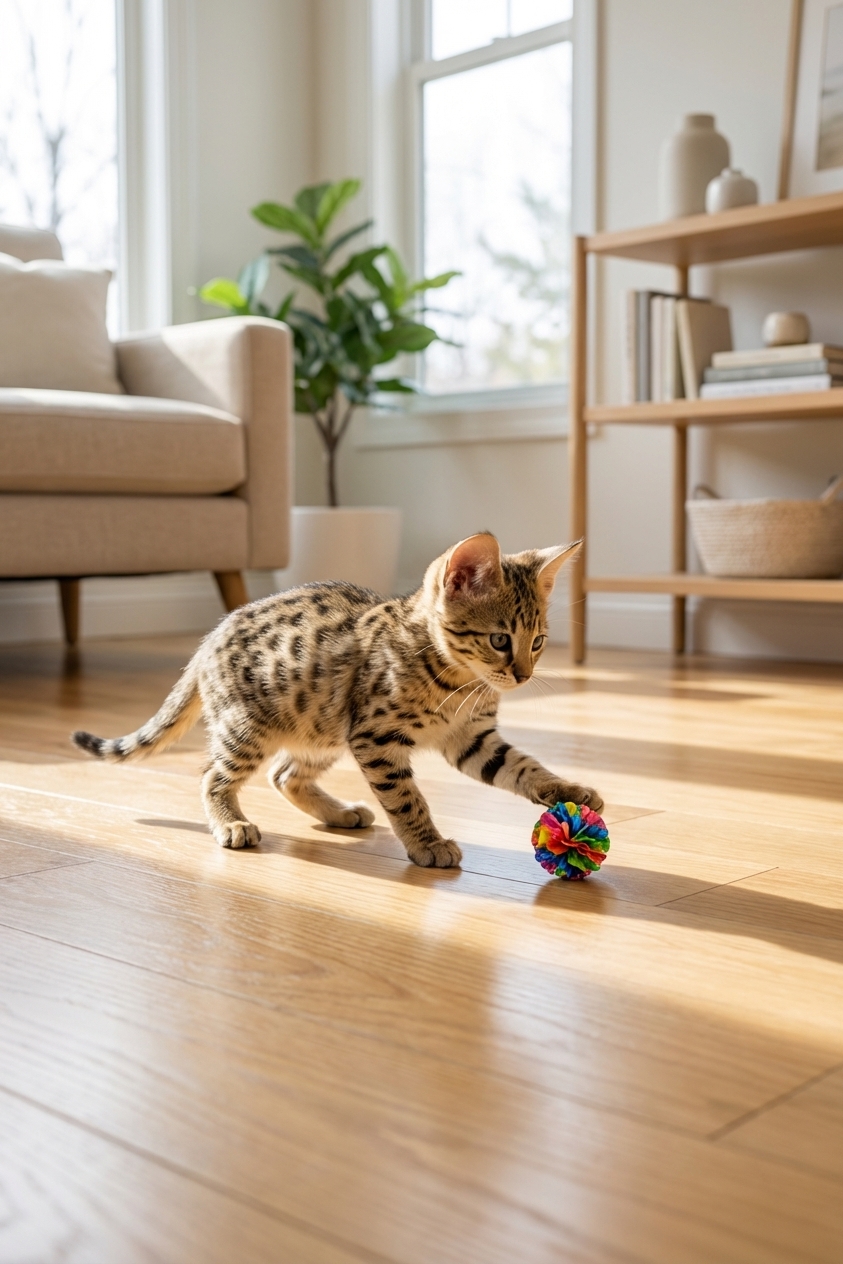 A Savannah kitten playing with a small ball on a clean indoor floor