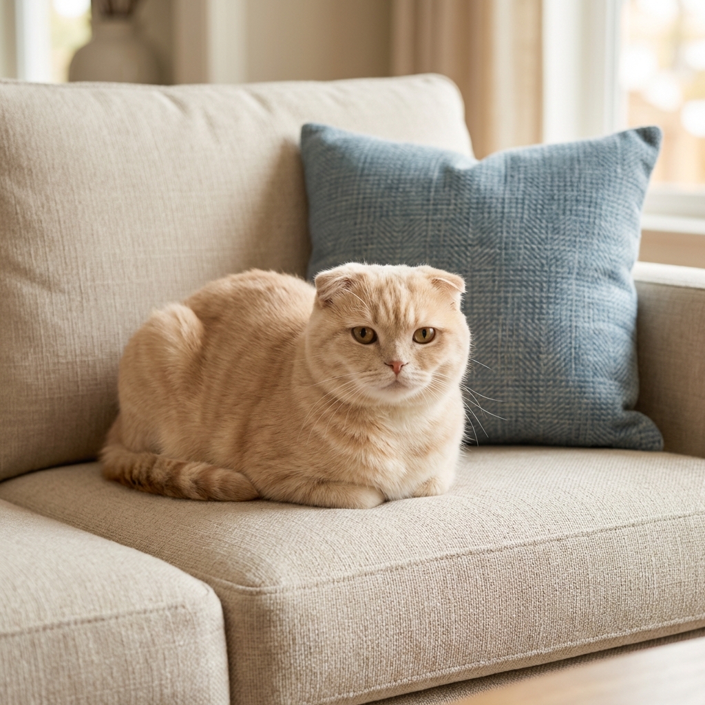 A Scottish Fold cat sitting calmly on a couch next to a throw pillow