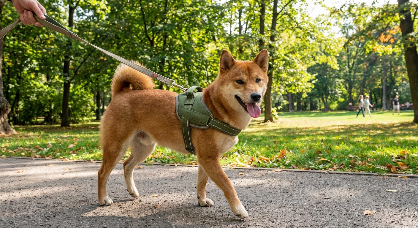 A Shiba Inu on a leash wearing a well-fitted harness during a walk in a park
