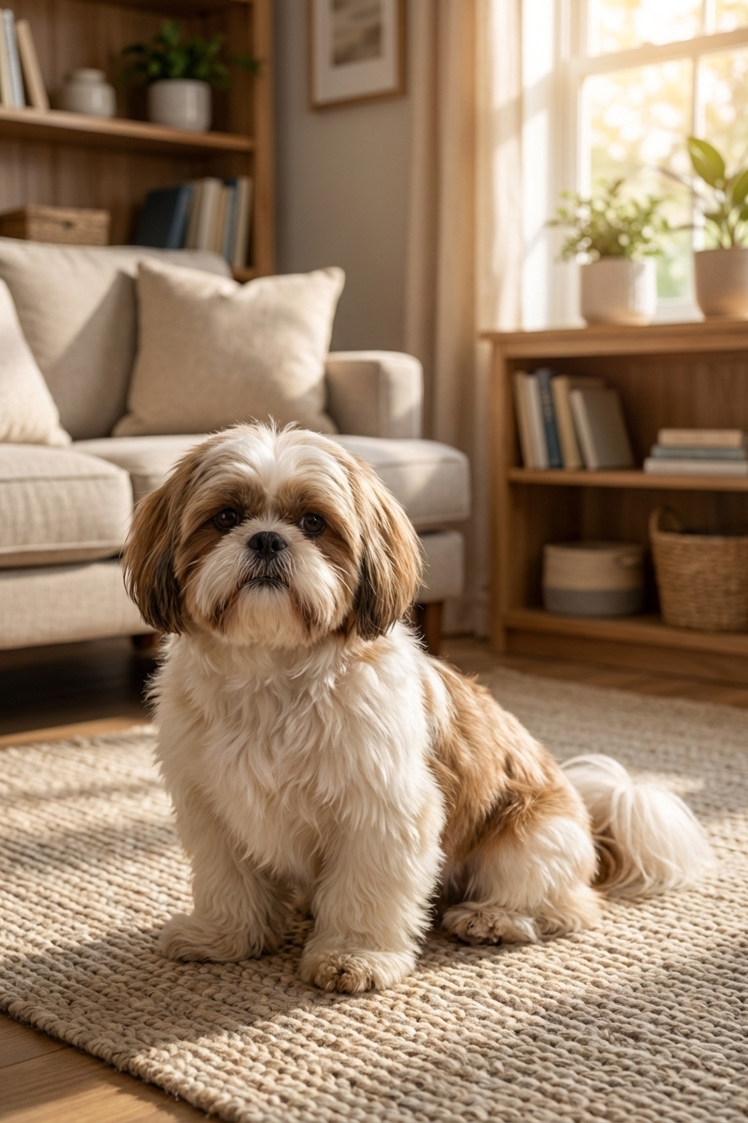 A Shih Tzu sitting quietly on a rug in a cozy living room