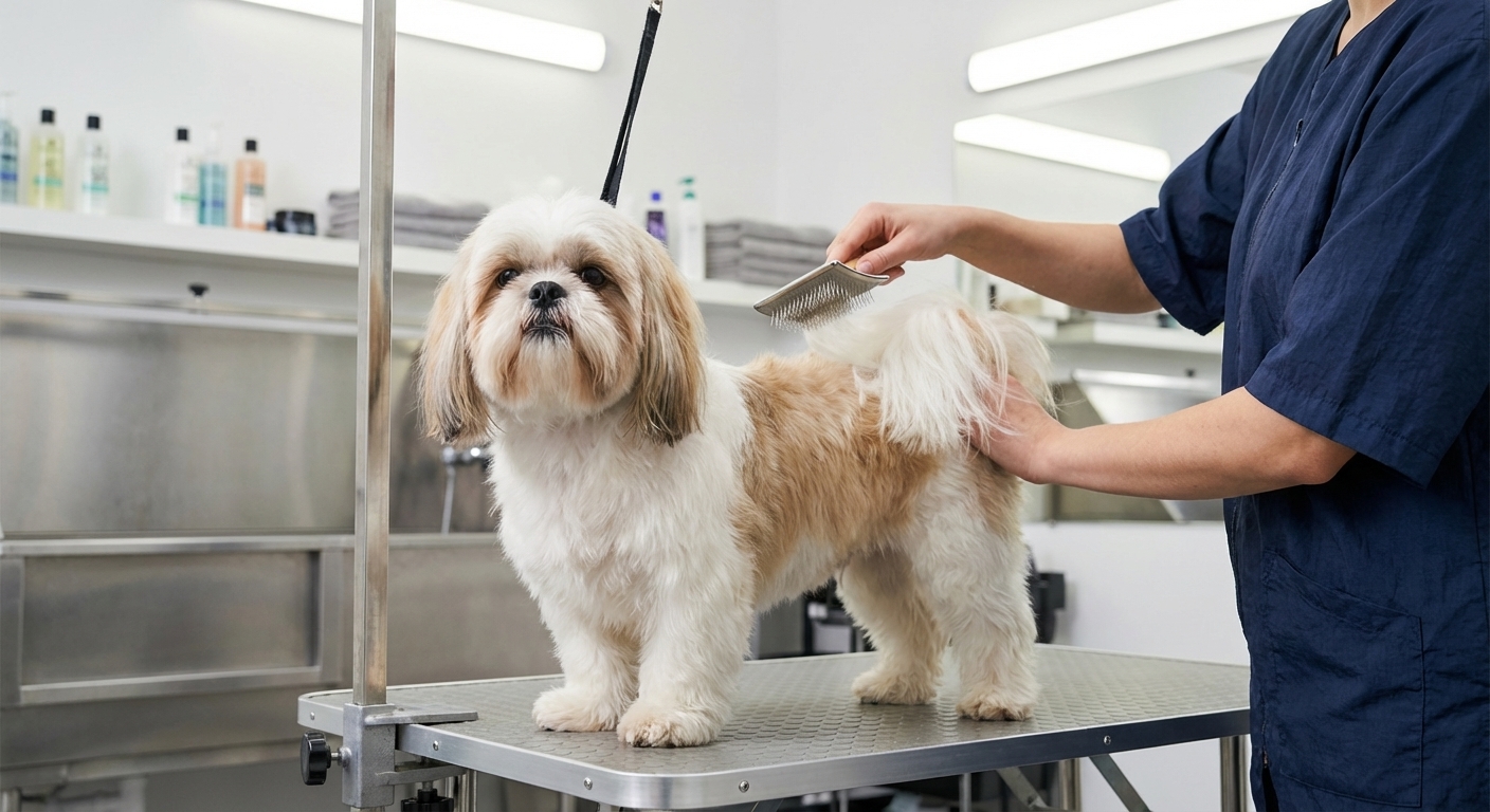 A Shih Tzu standing calmly on a grooming table while being brushed with a slicker brush, clean salon setting, realistic photography