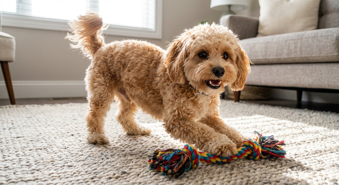 A Shihpoo playing with a small toy on a rug, showing an engaged, cheerful demeanor