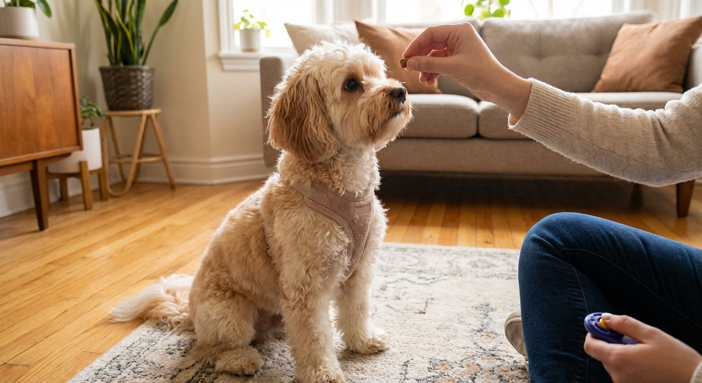 A Shihpoo practicing basic training with a treat reward in a calm home setting