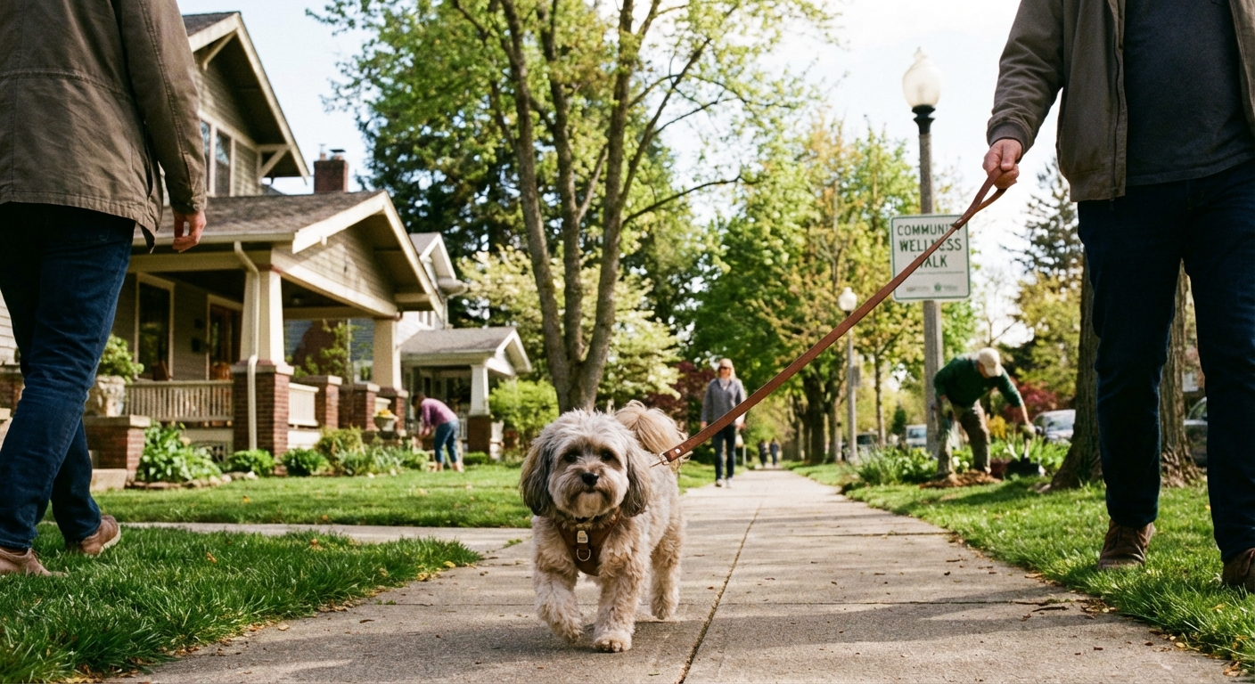 A Shihpoo walking calmly on a leash in a neighborhood, illustrating a balanced daily routine