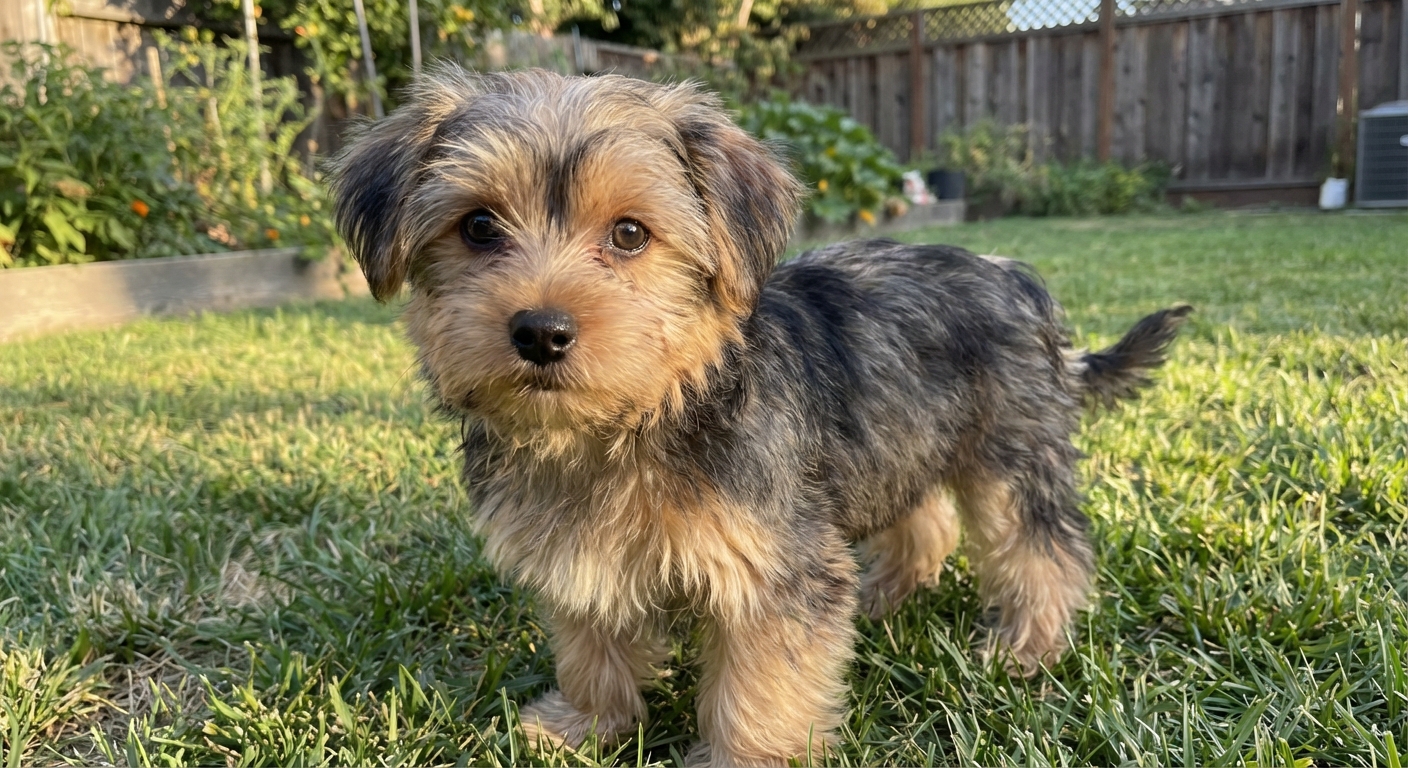 A Shorkie puppy standing on grass in a backyard, looking curious toward the camera, soft fluffy coat, natural afternoon light, photorealistic